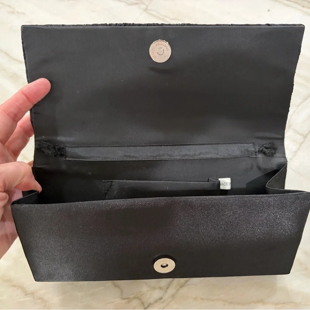 Black Pleated Evening Clutch with Gold Gem Detail